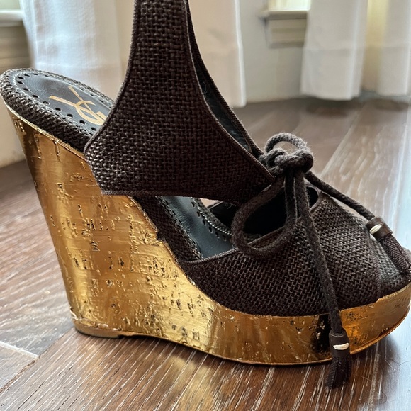 YVES SAINT LAURENT CANVAS WEDGE SANDALS BROWN 38 - Picture 9 of 12